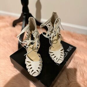 Taupe lace up heeled sandals